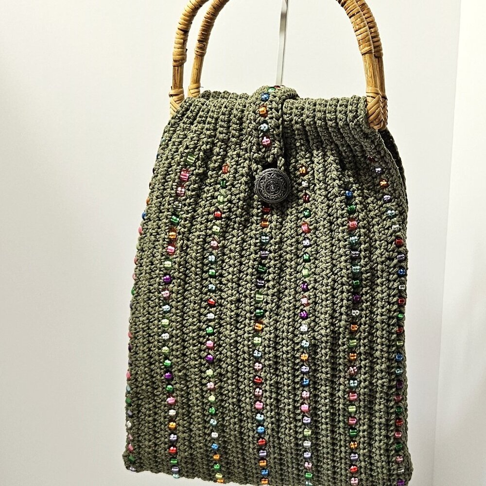 Crochet Sage Green Beaded Tote Bag with Bamboo Handles